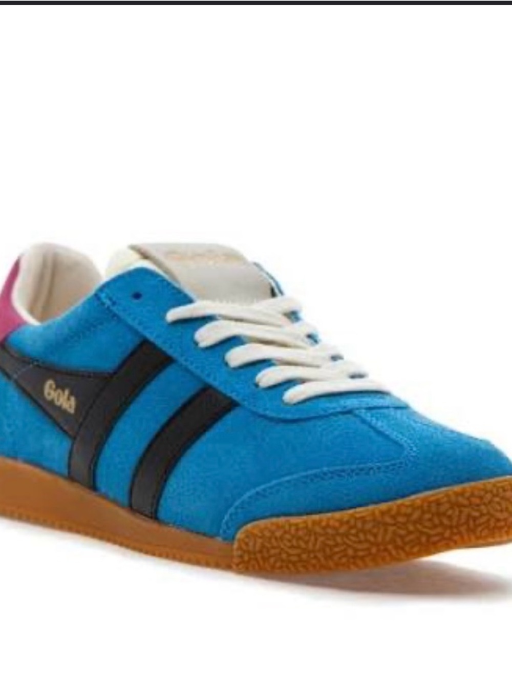 Gola womens Blue Suede Sneakers with Black Stripes and Pink Heel Accent